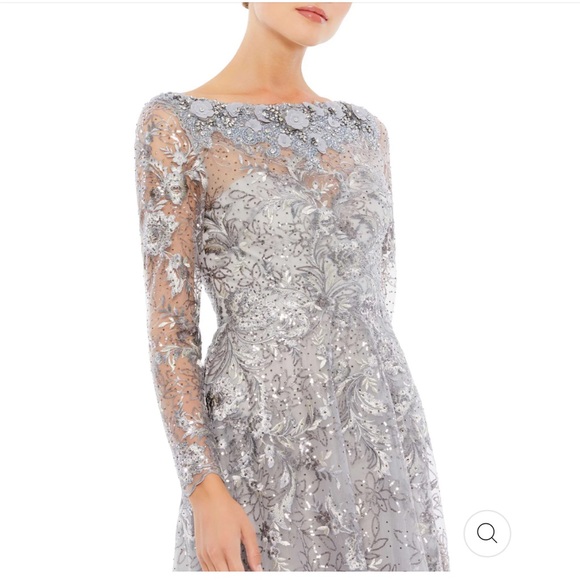 NWT Mac Duggal 67498 Floral Embroidered Illusion Long Sleeve Gown, Sterling - Picture 3 of 6